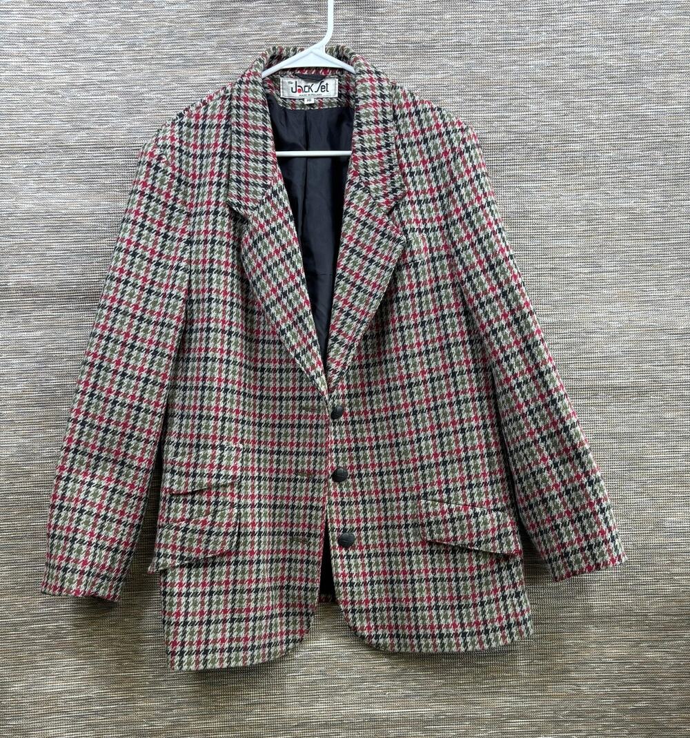 Vintage The Jack Set Blazer Womens Sz 16 Multicolor Houndstooth Tweed 3 Buttons